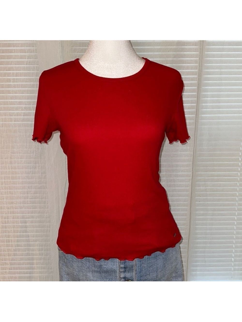 Hollister S Red Ribbed Cotton Crewneck Short Sleeve Tee Ruffle Hem & Sleeve